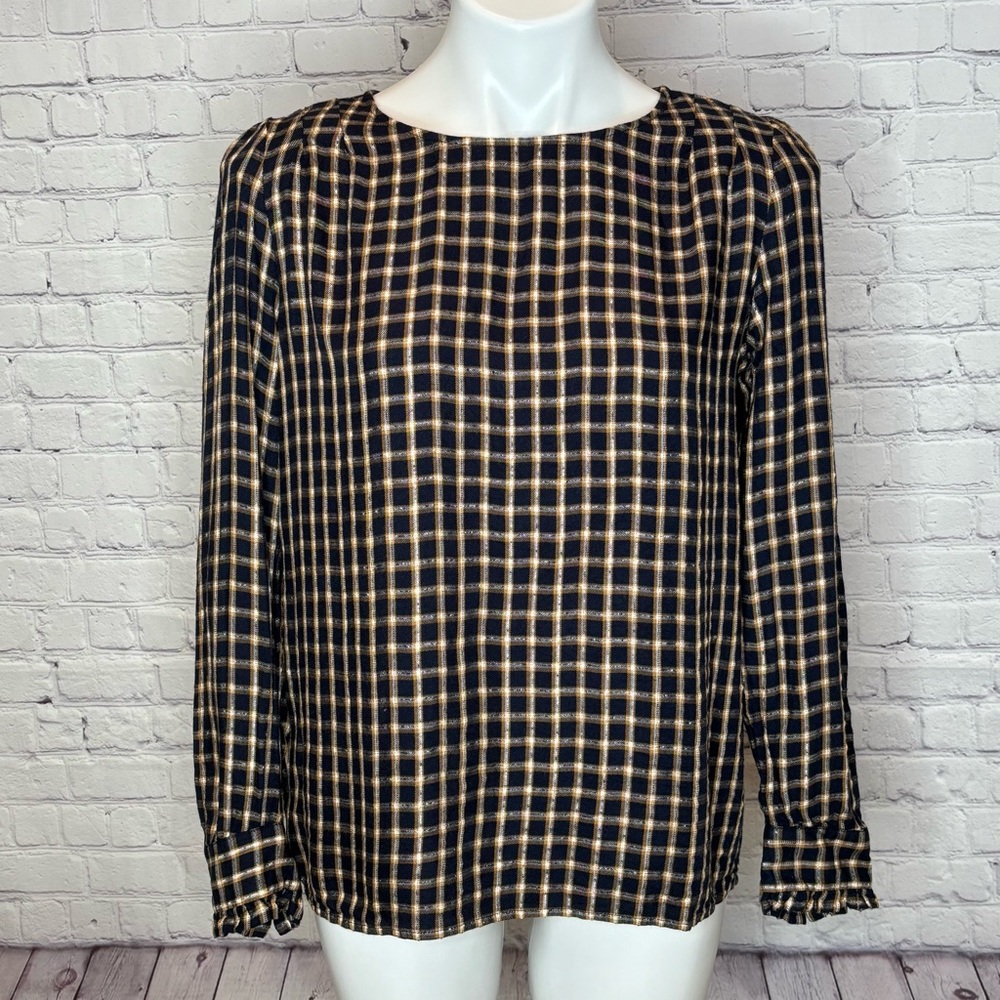 Loft Navy Blue, Gold, White, and Metallic Gold Plaid Top Size M